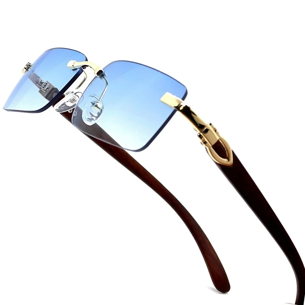 Rimless Men Sunglasses Blue Lens Wood Arms Gold Street Wear Trendy Hip Hop Shade